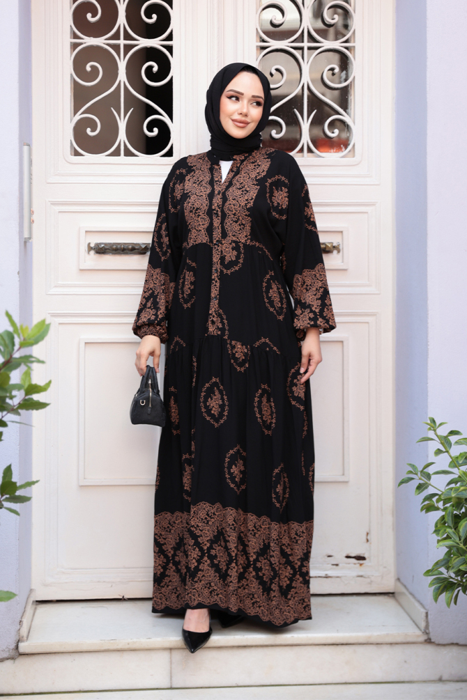 Desenli Siyah Tesettür Elbise 24014S - 2