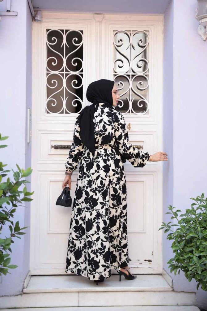 Desenli Siyah Tesettür Elbise 24083S - 4
