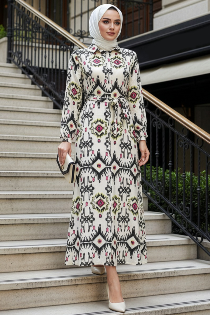 Desenli Siyah Tesettür Elbise 24087S - N.S NEVA STYLE