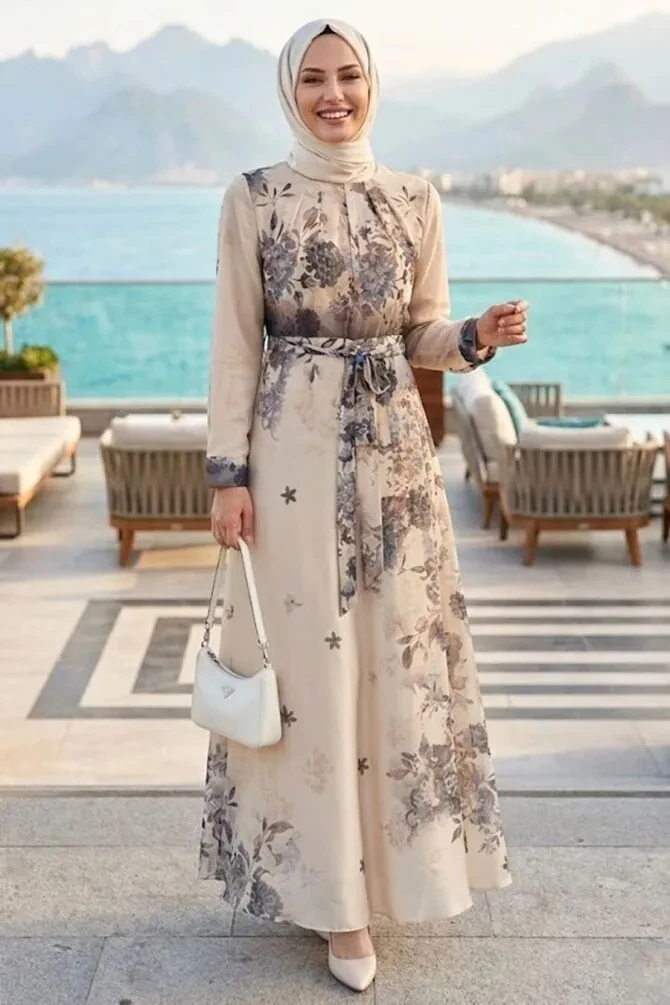 Desenli Siyah Tesettür Elbise 25421S - 1
