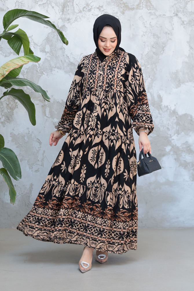 Desenli Siyah Tesettür Elbise 30025S - 2