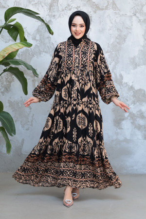 Desenli Siyah Tesettür Elbise 30025S - 3