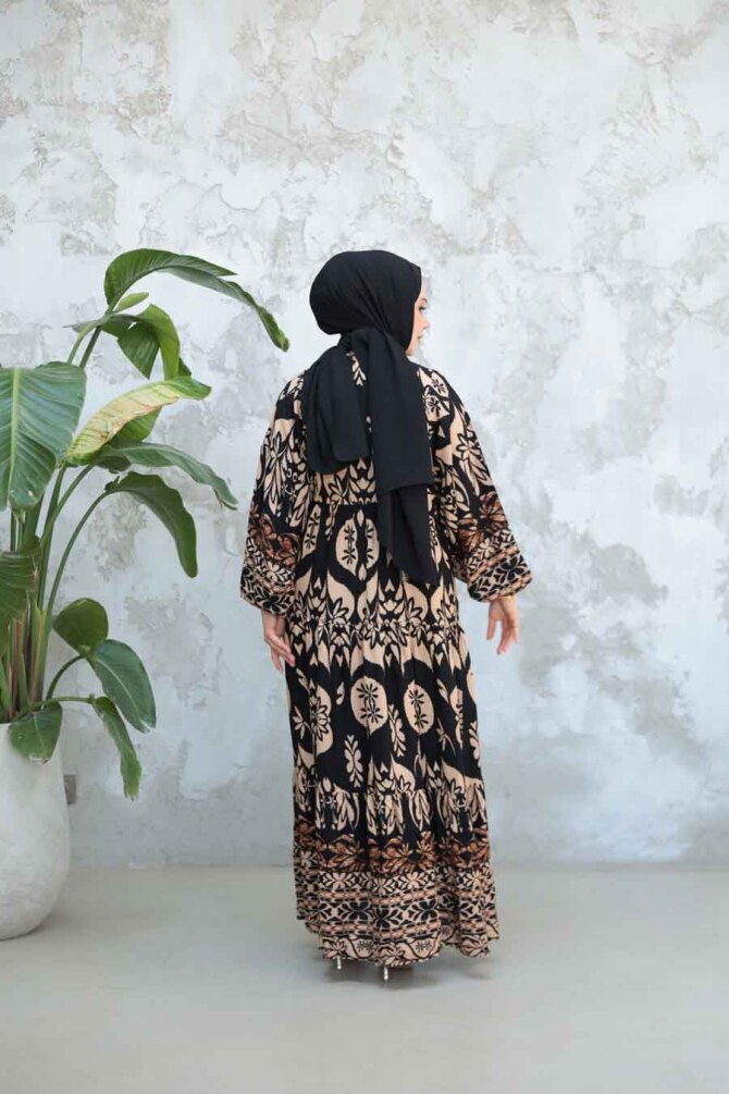 Desenli Siyah Tesettür Elbise 30025S - 4