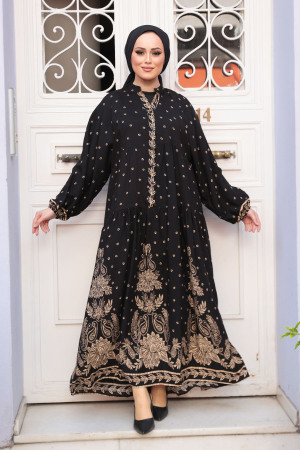 Desenli Siyah Tesettür Elbise 30063S - 1