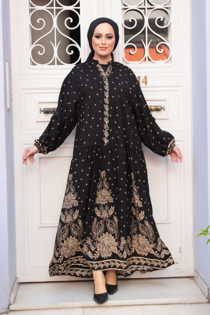 Desenli Siyah Tesettür Elbise 30063S - 1