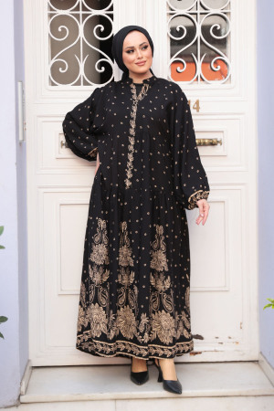 Desenli Siyah Tesettür Elbise 30063S - 3