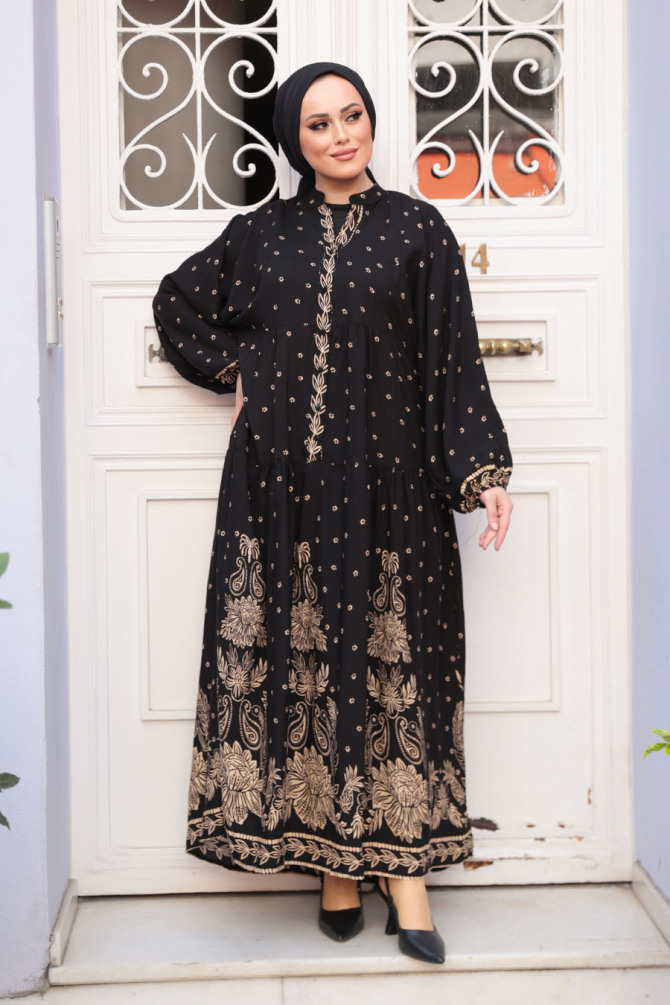 Desenli Siyah Tesettür Elbise 30063S - 3