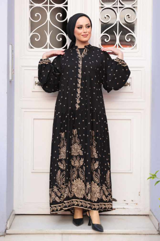Desenli Siyah Tesettür Elbise 30063S - 4