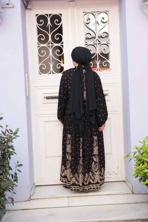 Desenli Siyah Tesettür Elbise 30063S - 5