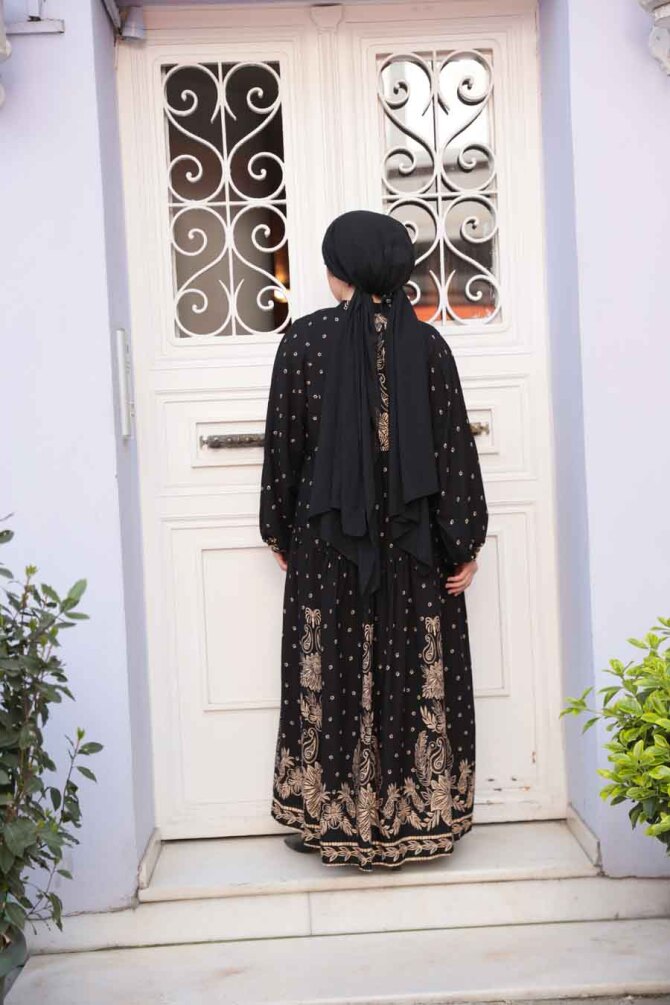 Desenli Siyah Tesettür Elbise 30063S - 5