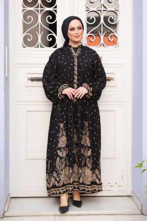 Desenli Siyah Tesettür Elbise 30063S - 2