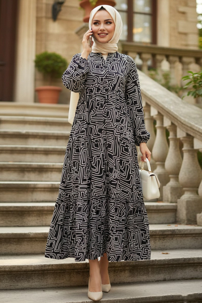 Desenli Siyah Tesettür Elbise 30173S - N.S NEVA STYLE