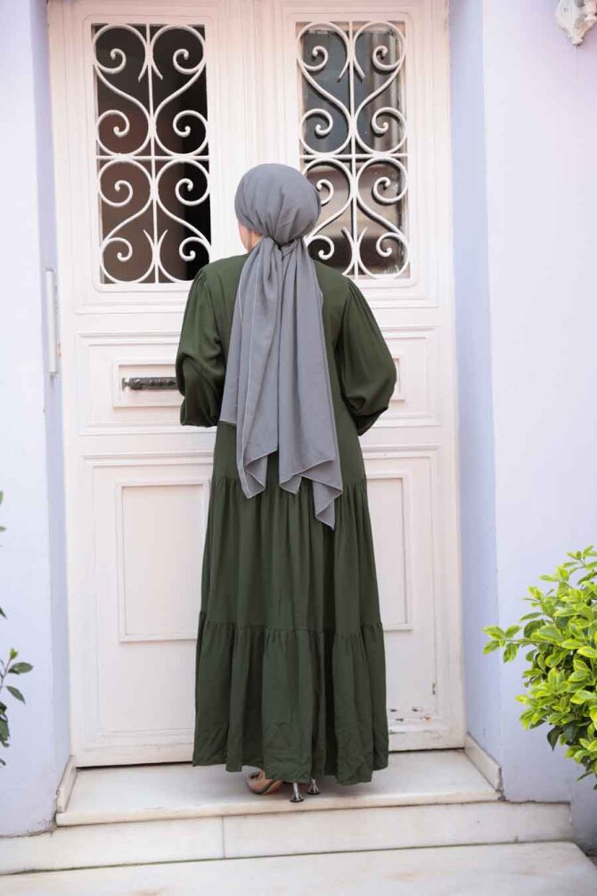 Desenli Haki Tesettür Elbise 32161HK - 4
