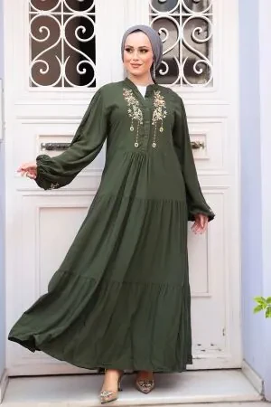 Desenli Haki Tesettür Elbise 32161HK 