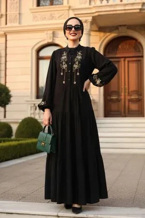 Desenli Siyah Tesettür Elbise 32161S 
