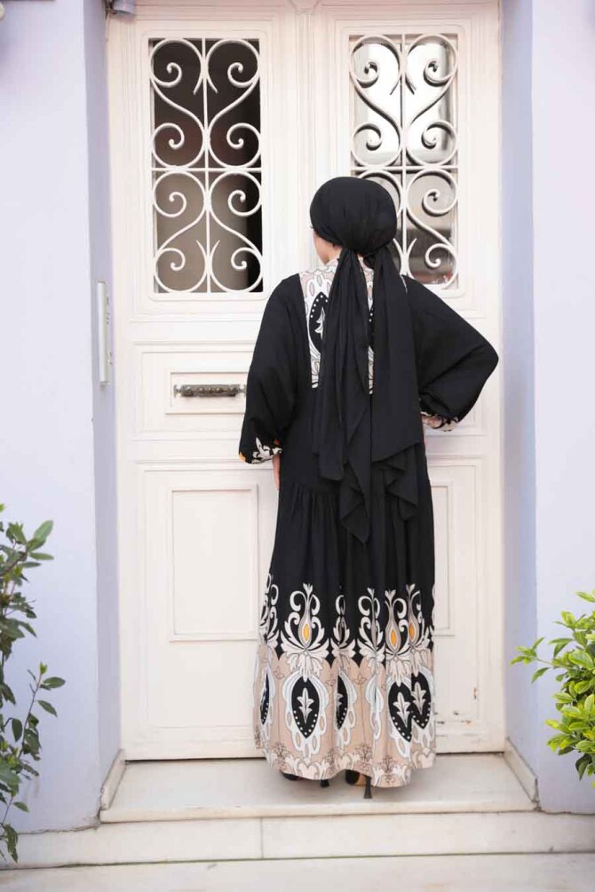 Desenli Siyah Tesettür Elbise 32162S - 6