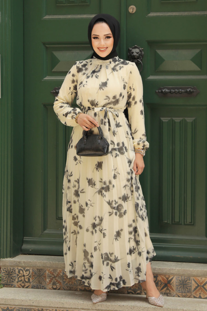 Desenli Siyah Tesettür Elbise 34462S - 2
