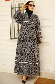 Desenli Siyah Tesettür Elbise 35105S - Thumbnail