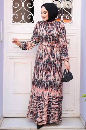 Desenli Somon Tesettür Elbise 52721SMN 