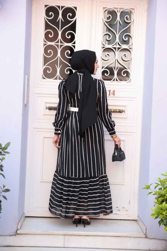 Desenli Siyah Tesettür Elbise 43534S - 4
