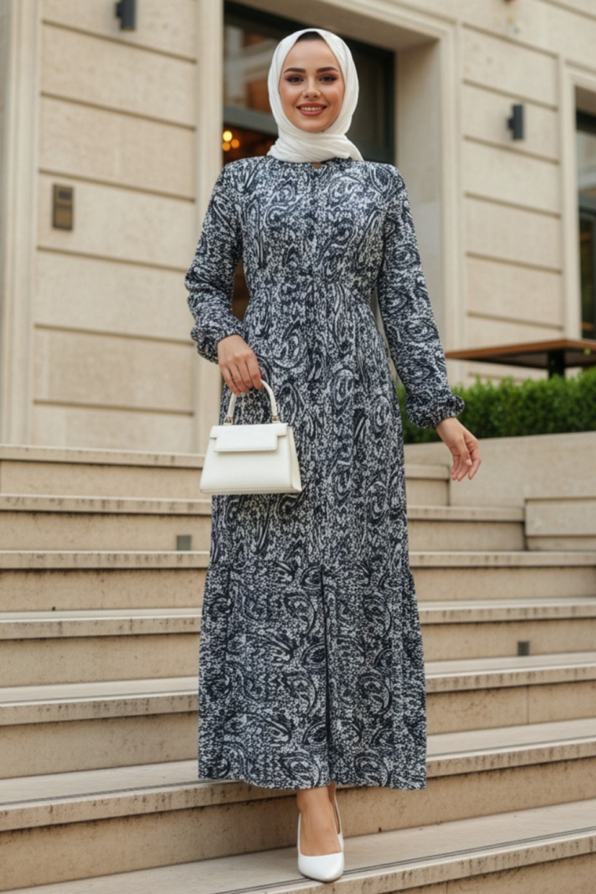 Desenli Siyah Tesettür Elbise 50254S - 1