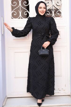 Desenli Siyah Tesettür Elbise 5298S - 3