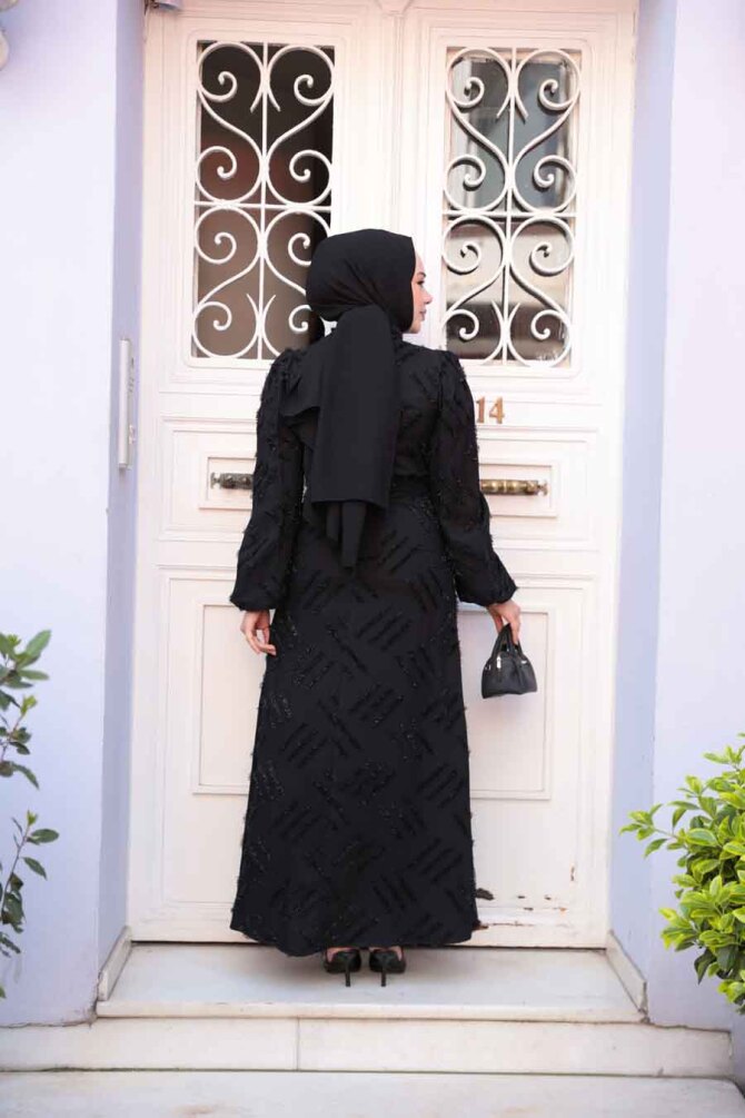 Desenli Siyah Tesettür Elbise 5298S - 4