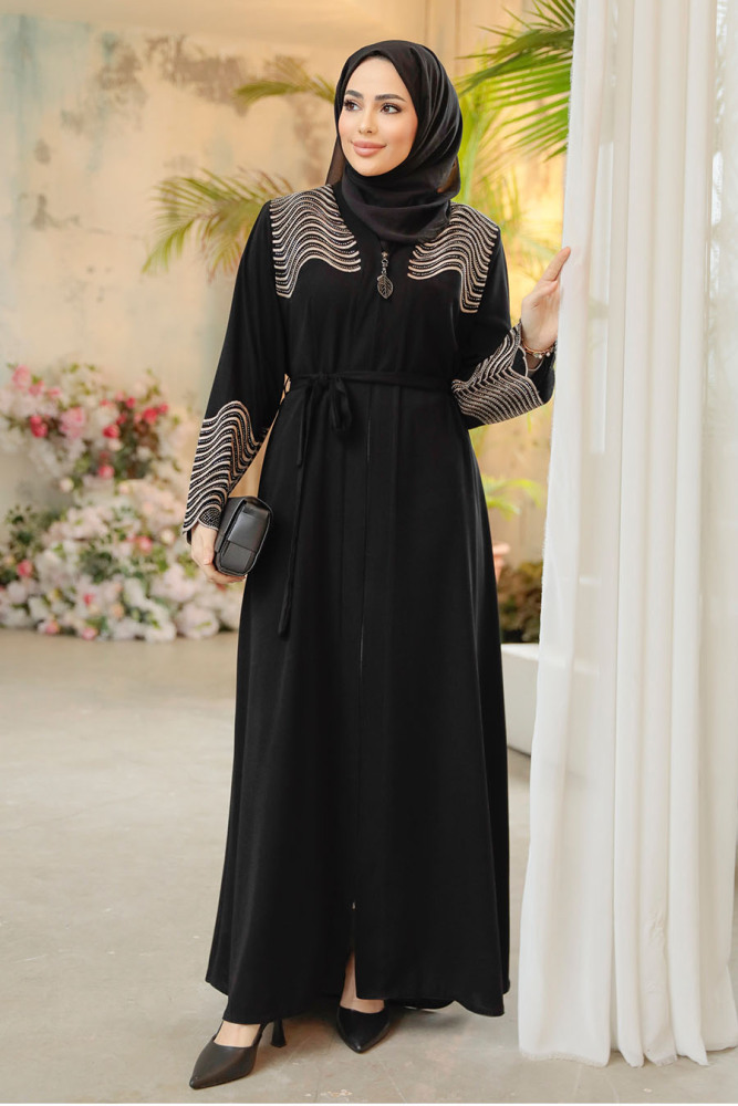 Desenli Siyah Tesettür Ferace 29105S - 2