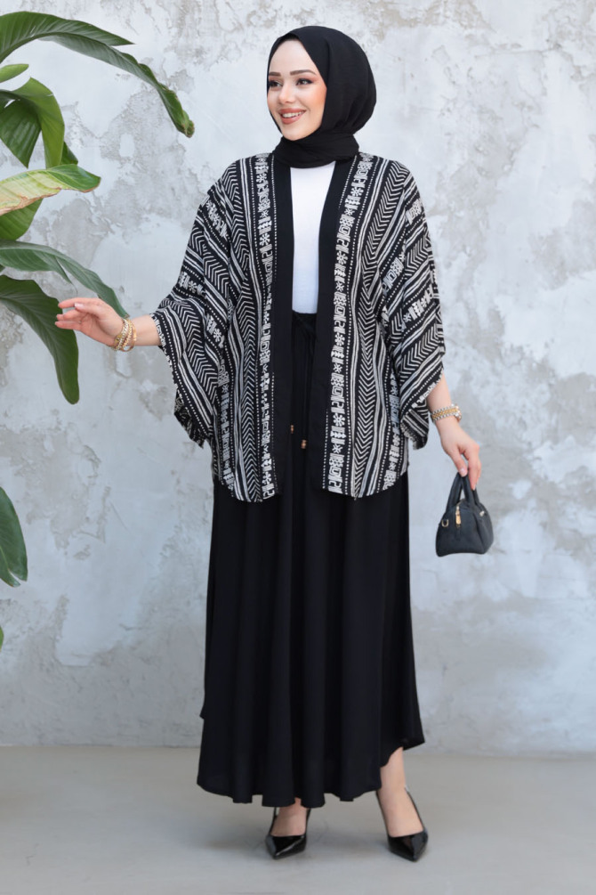 Desenli Siyah Tesettür İkili Etekli Kimono Takım 12891S - 2