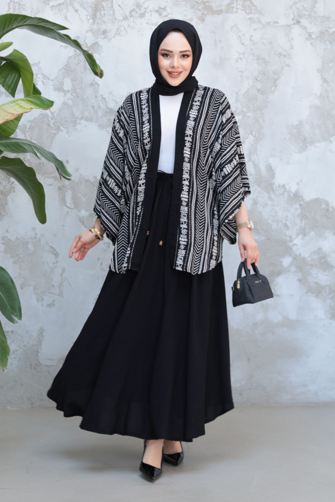 Desenli Siyah Tesettür İkili Etekli Kimono Takım 12891S - NEVA STYLE