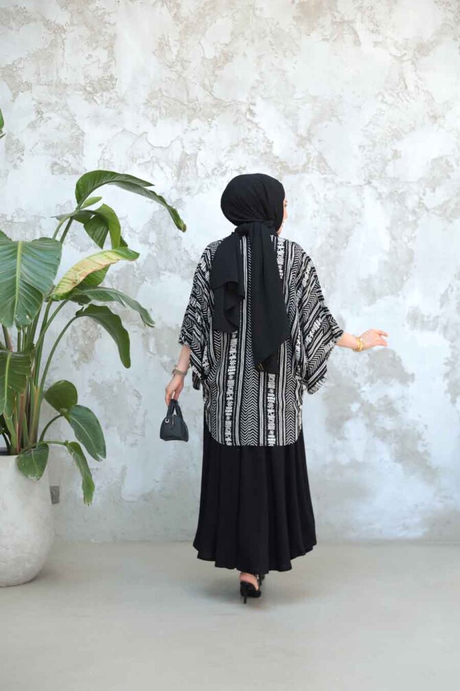 Desenli Siyah Tesettür İkili Etekli Kimono Takım 12891S - 3