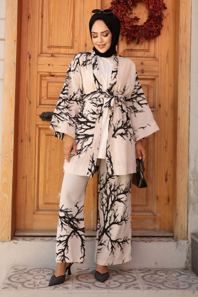 Desenli Siyah Tesettür İkili Kimono Takım 12121S - 2