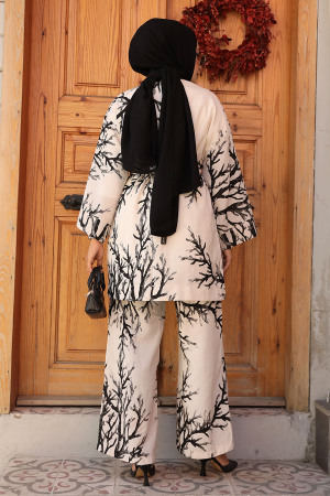 Desenli Siyah Tesettür İkili Kimono Takım 12121S - 3