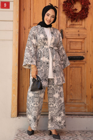 Desenli Siyah Tesettür İkili Kimono Takım 12122S - 2