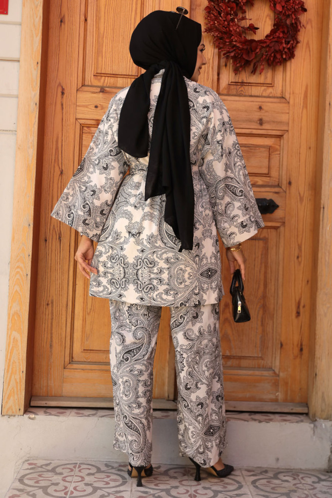 Desenli Siyah Tesettür İkili Kimono Takım 12122S - 3