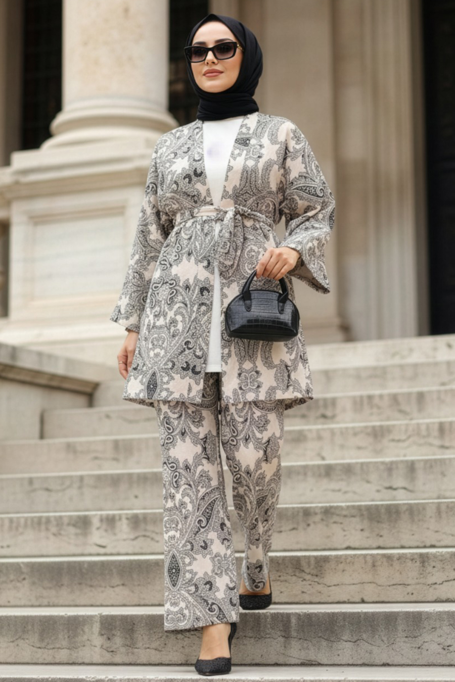 Desenli Siyah Tesettür İkili Kimono Takım 12122S