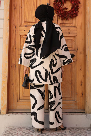 Desenli Siyah Tesettür İkili Kimono Takım 12123S - 3