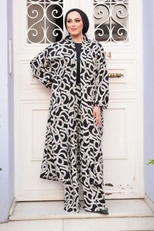 Desenli Siyah Tesettür İkili Kimono Takım 12881S 