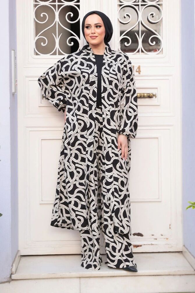 Desenli Siyah Tesettür İkili Kimono Takım 12881S - 1