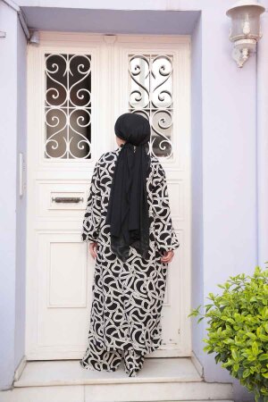 Desenli Siyah Tesettür İkili Kimono Takım 12881S - 4