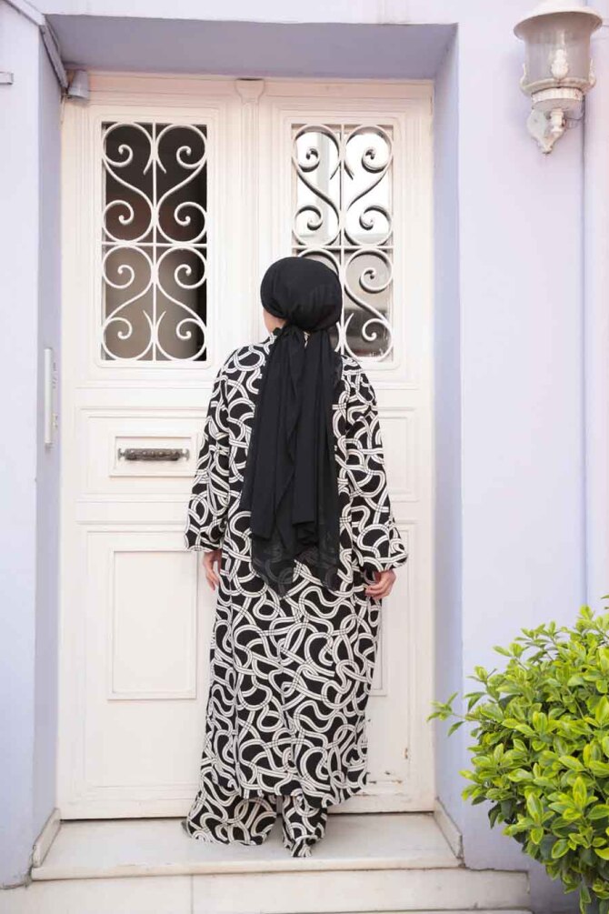 Desenli Siyah Tesettür İkili Kimono Takım 12881S - 4