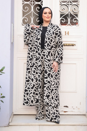 Desenli Siyah Tesettür İkili Kimono Takım 12881S - 3