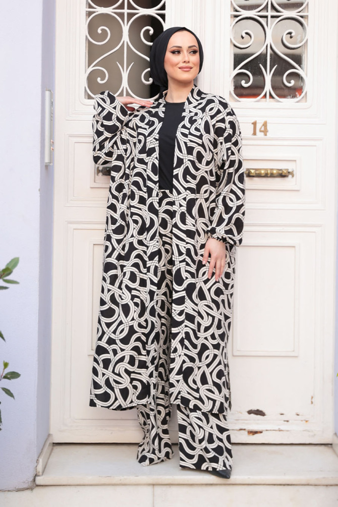 Desenli Siyah Tesettür İkili Kimono Takım 12881S - 3