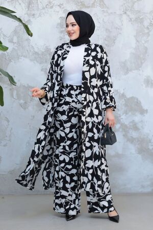 Desenli Siyah Tesettür İkili Kimono Takım 12883S 