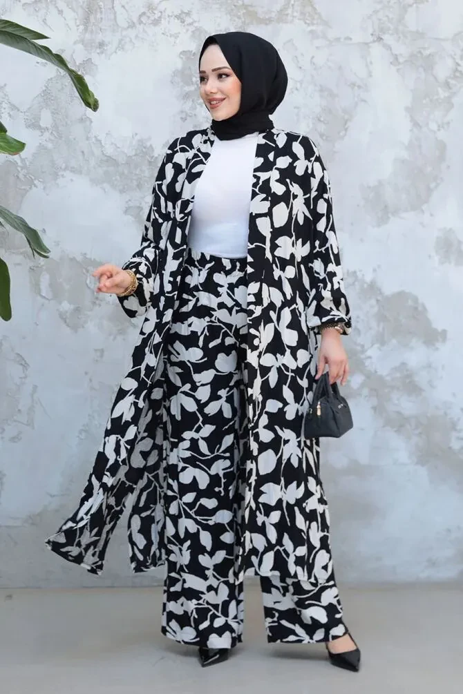 Desenli Siyah Tesettür İkili Kimono Takım 12883S - 1