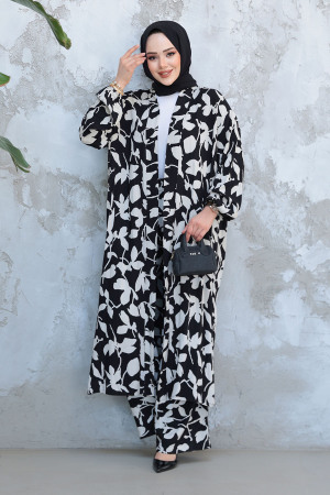 Desenli Siyah Tesettür İkili Kimono Takım 12883S - 2