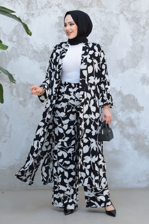 Desenli Siyah Tesettür İkili Kimono Takım 12883S 