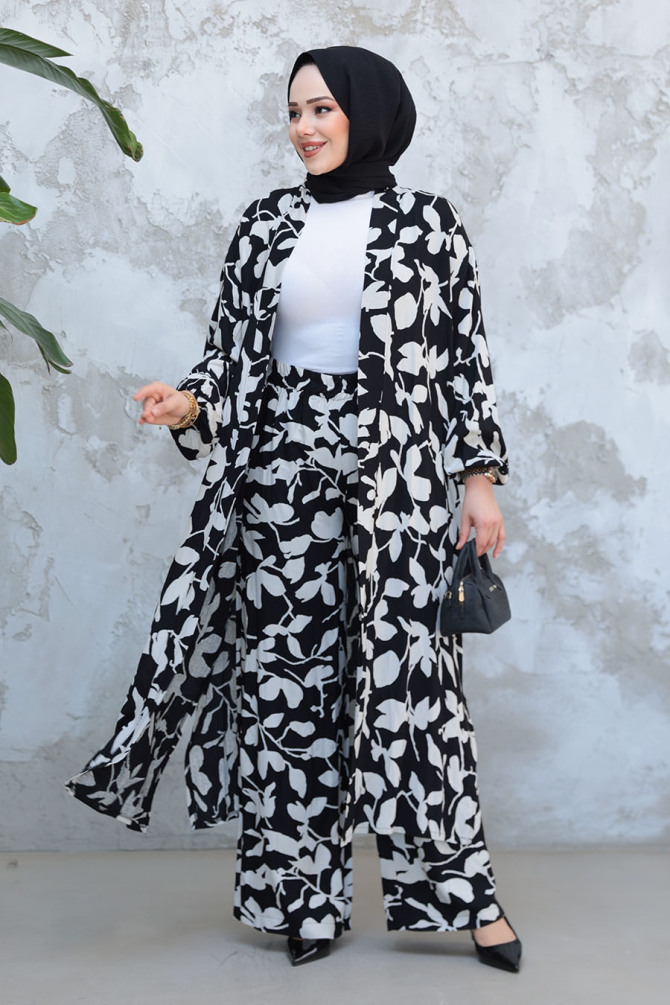 Desenli Siyah Tesettür İkili Kimono Takım 12883S - NEVA STYLE