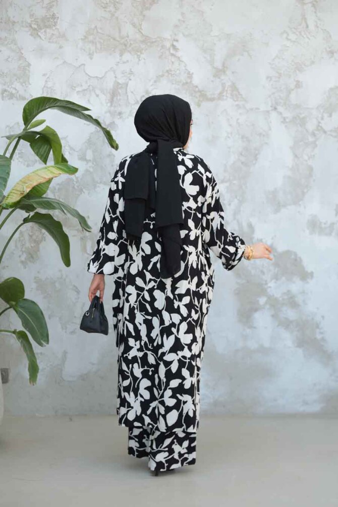 Desenli Siyah Tesettür İkili Kimono Takım 12883S - 3