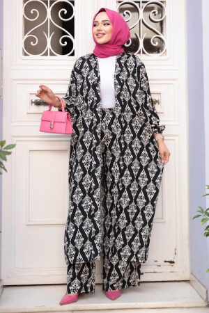Desenli Siyah Tesettür İkili Kimono Takım 12888S - 2